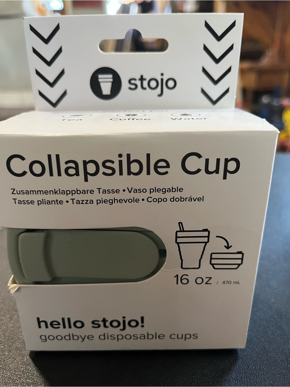 stojo Collapsible Cup in Sage Green. 16oz. BPA free. Reusable.